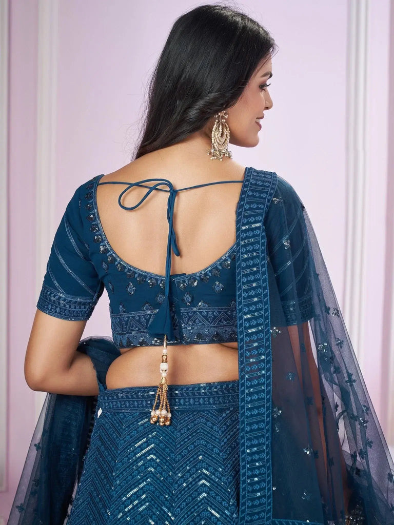 Stunning Teal Blue Sequins Georgette Wedding Wear Lehenga Choli - Ethnic Plus In
