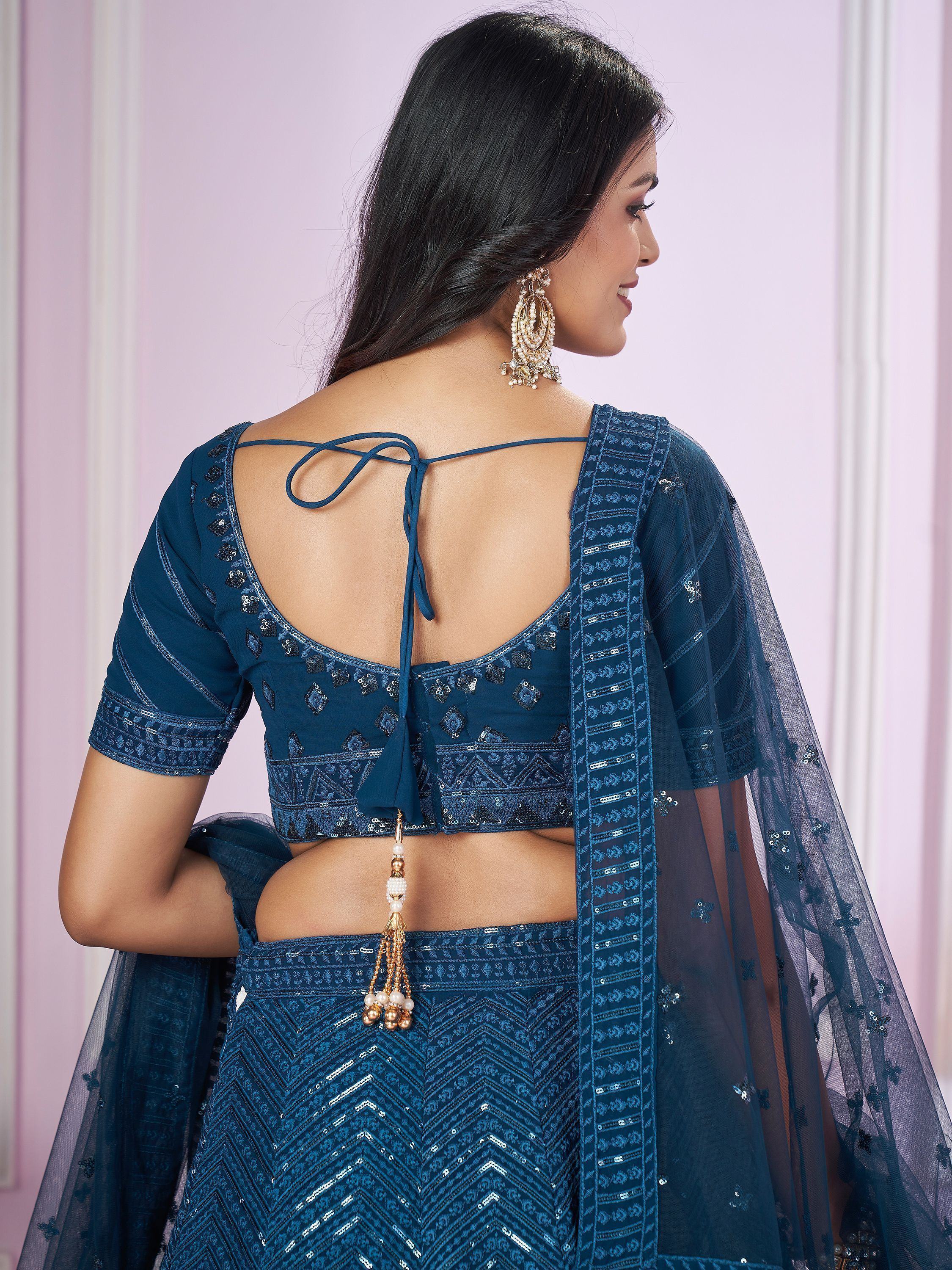 Blue sequin lehenga choli with back tie and sheer dupatta, Indian ethnic wear