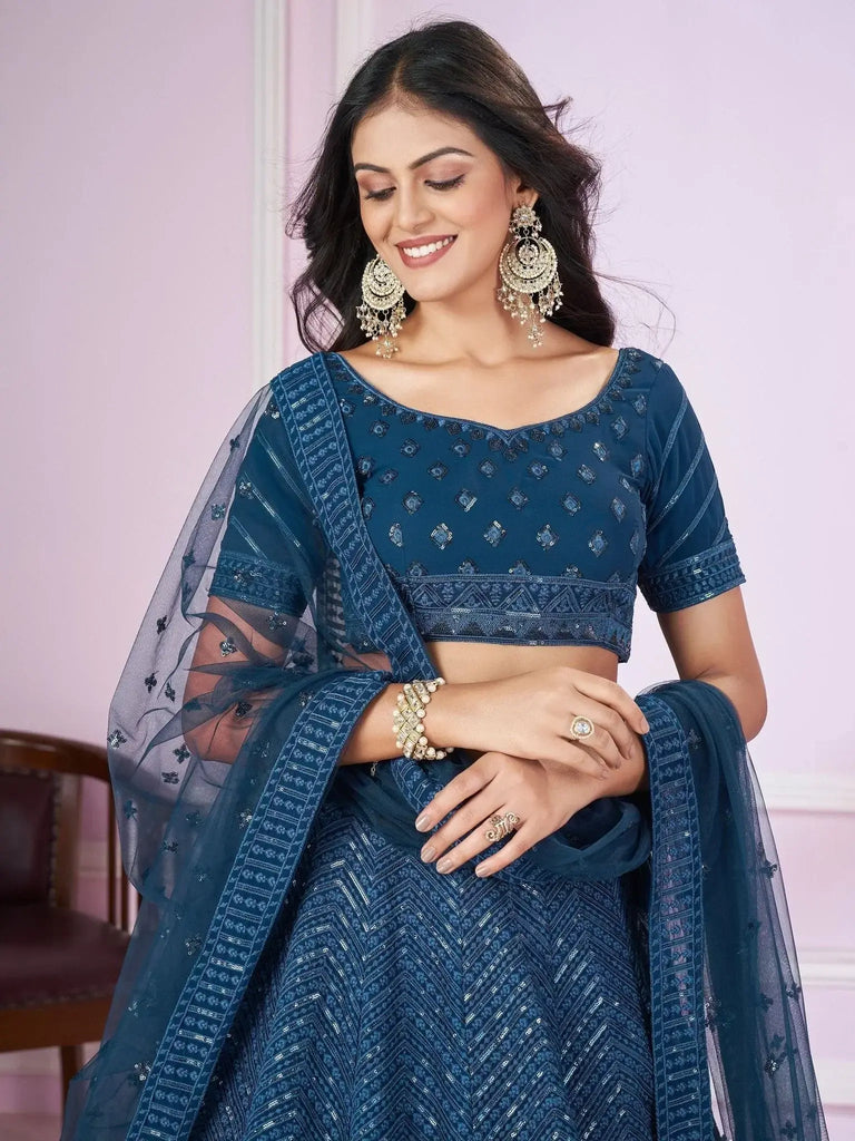 Stunning Teal Blue Sequins Georgette Wedding Wear Lehenga Choli - Ethnic Plus In