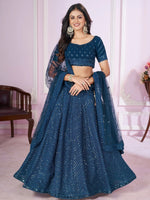 Stunning Teal Blue Sequins Georgette Wedding Wear Lehenga Choli