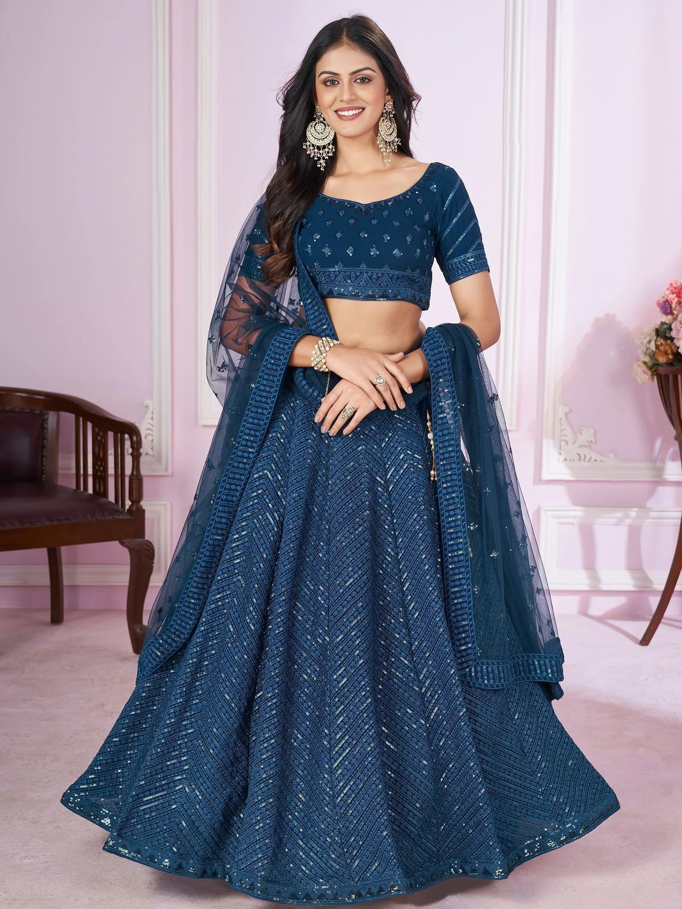Blue designer lehenga choli with sequin work, perfect for Indian ethnic wear and festive occasions