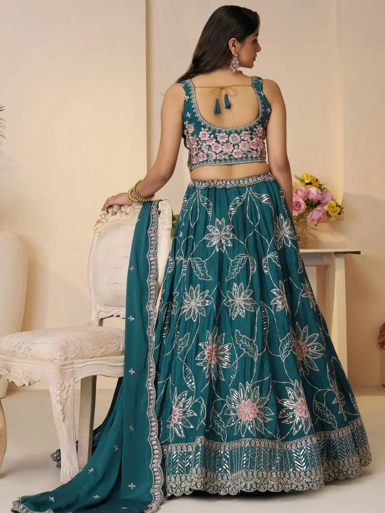 Stunning Teal Blue Thread Work Satin Wedding Lehenga Choli With Dupatta - Ethnic Plus In