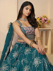 Stunning Teal Blue Thread Work Satin Wedding Lehenga Choli With Dupatta - Ethnic Plus In