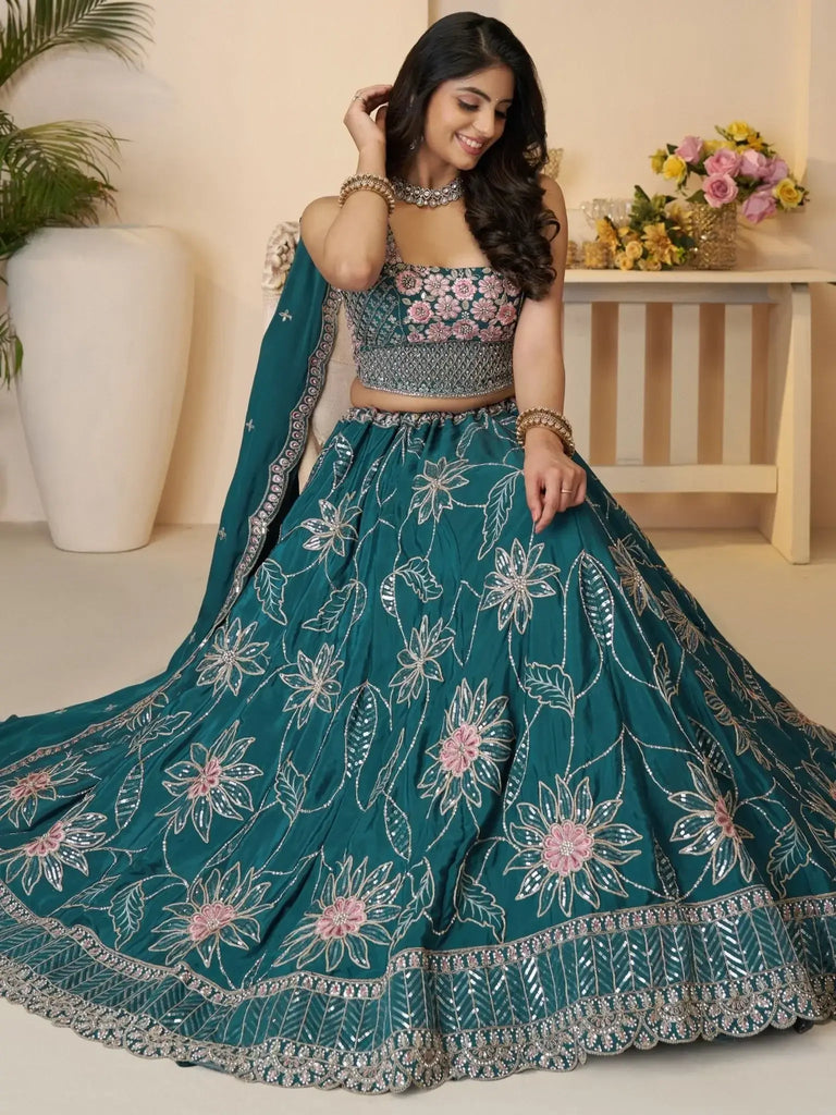 Stunning Teal Blue Thread Work Satin Wedding Lehenga Choli With Dupatta - Ethnic Plus In