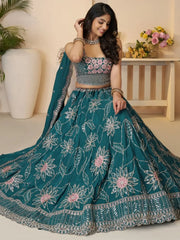 Stunning Teal Blue Thread Work Satin Wedding Lehenga Choli With Dupatta - Ethnic Plus In