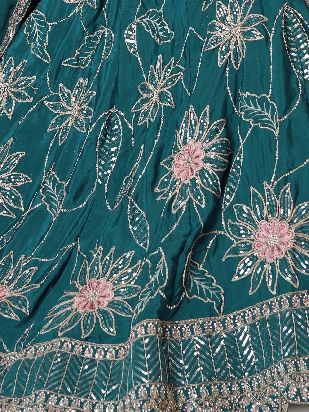 Teal lehenga with floral sequin embroidery and pink accents, Indian ethnic wear