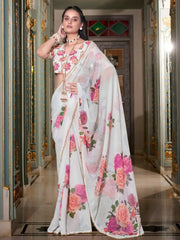 Stunning White Georgette Office Wear Saree With Blouse - Ethnic Plus In