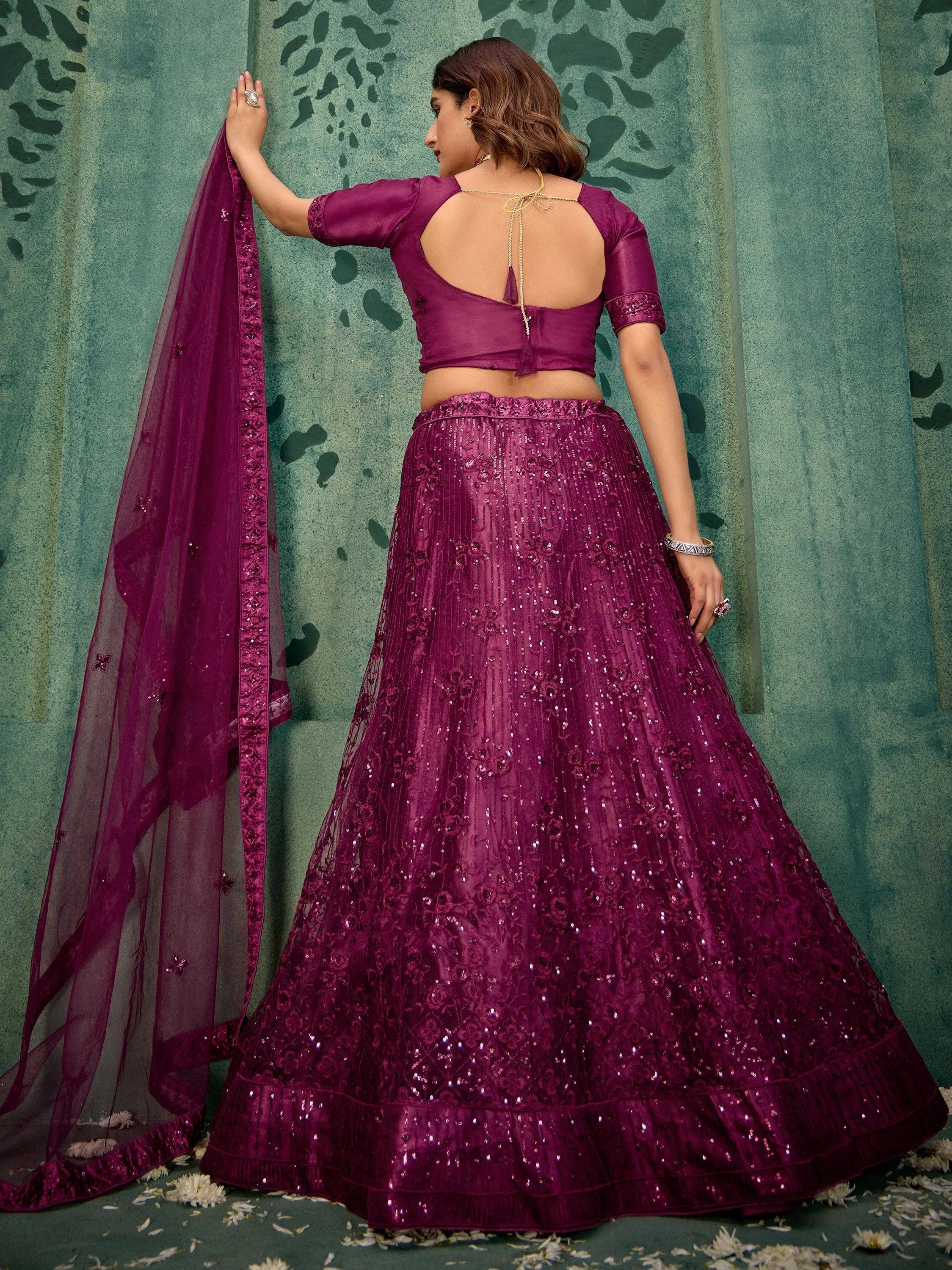 Purple designer lehenga choli with sequin embroidery, backless blouse, and matching dupatta for Indian ethnic wear