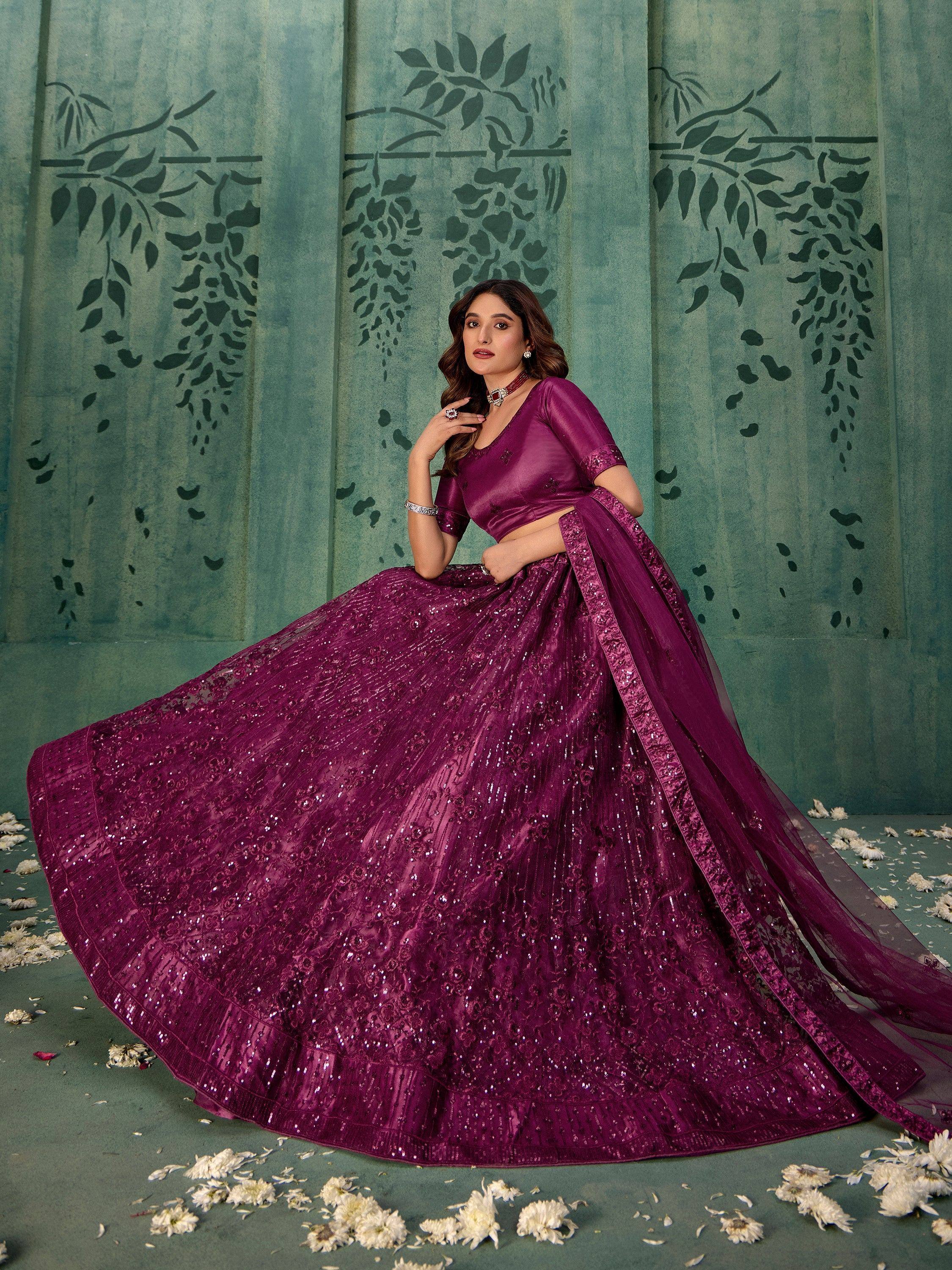 Elegant purple lehenga choli with sequin embroidery, perfect for Indian ethnic wear occasions