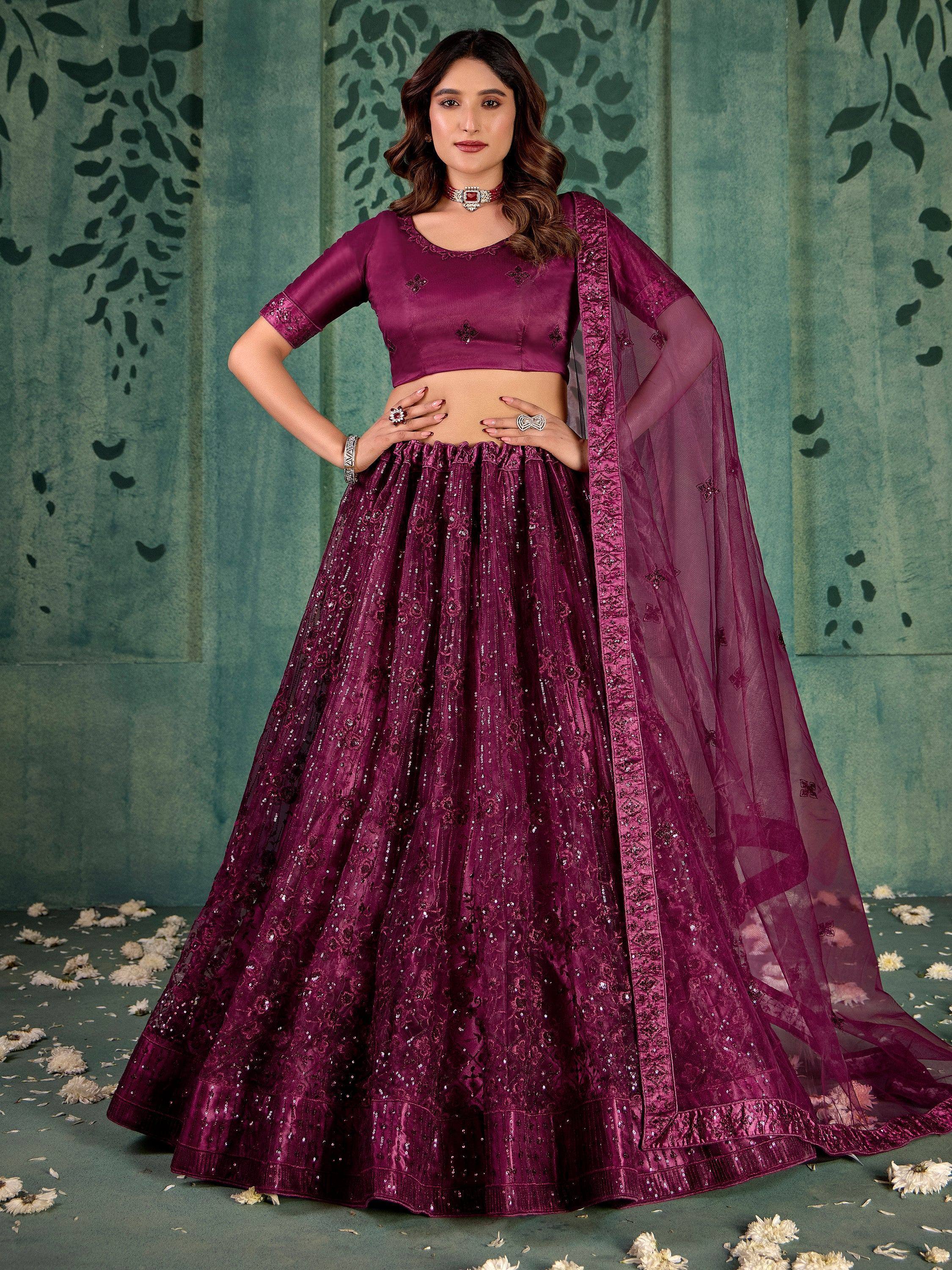 Elegant maroon lehenga choli with sequin embroidery and sheer dupatta for Indian ethnic wear