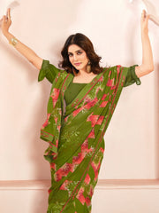 Stunning Green Digital Printed Georgette Mehendi Wear Saree