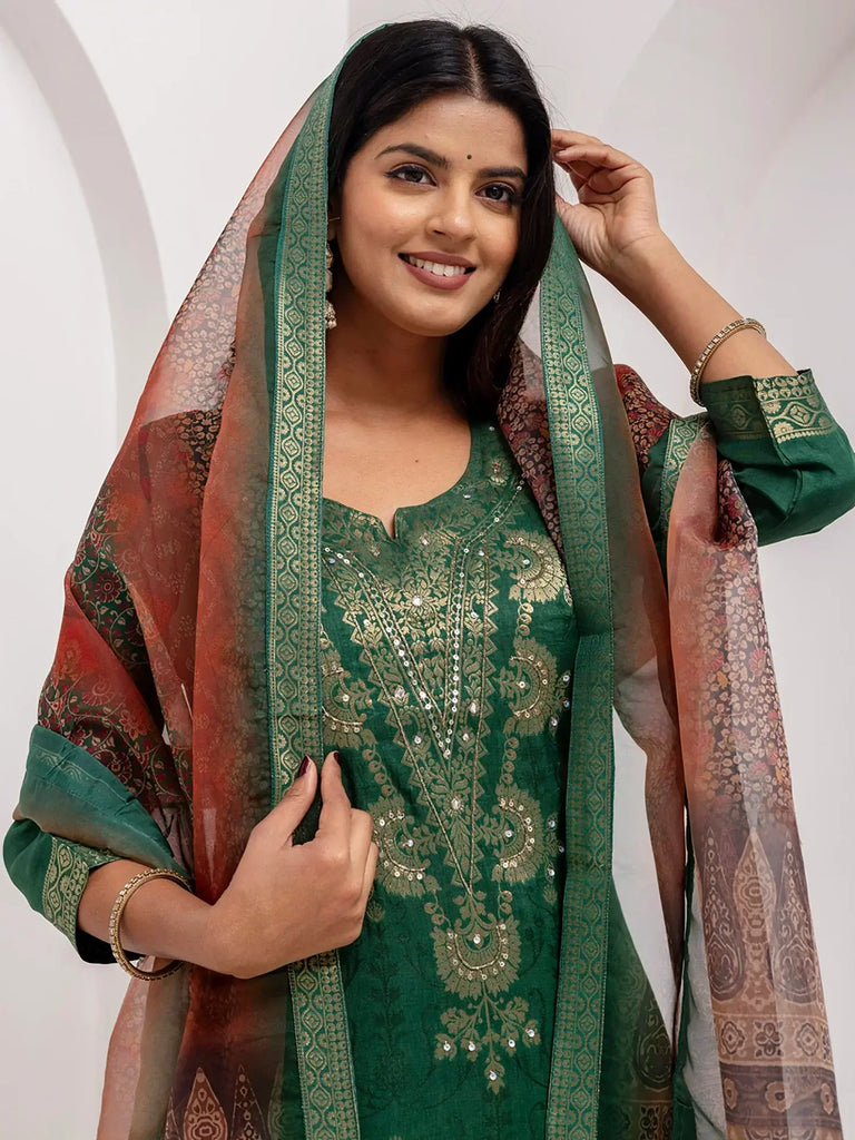 Stunning Green Zari Weaving Mehendi Wear Pant Suit With Dupatta
