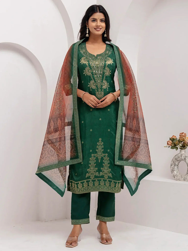 Stunning Green Zari Weaving Mehendi Wear Pant Suit With Dupatta