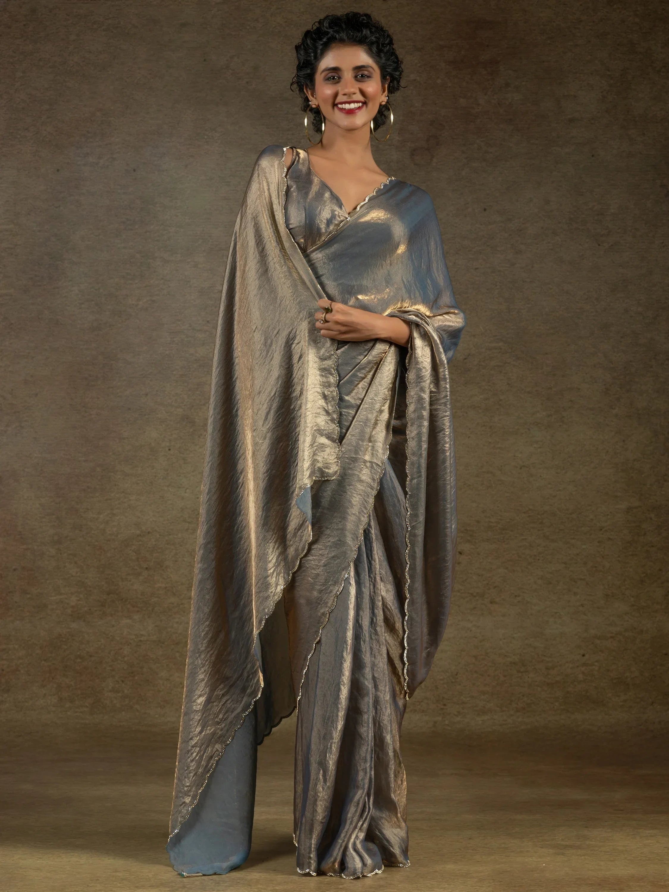 Stunning Grey Satin Party Wear Pre-Stitched Saree With Blouse