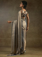 Stunning Grey Satin Party Wear Pre-Stitched Saree With Blouse