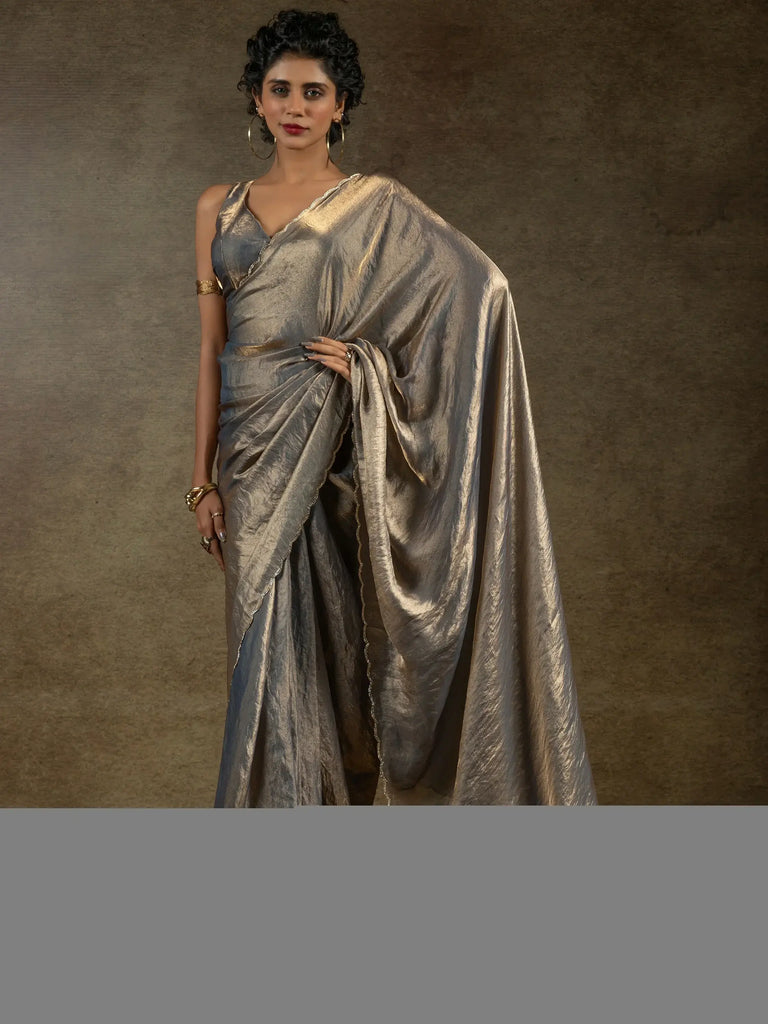 Stunning Grey Satin Party Wear Pre-Stitched Saree With Blouse