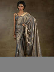 Stunning Grey Satin Party Wear Pre-Stitched Saree With Blouse