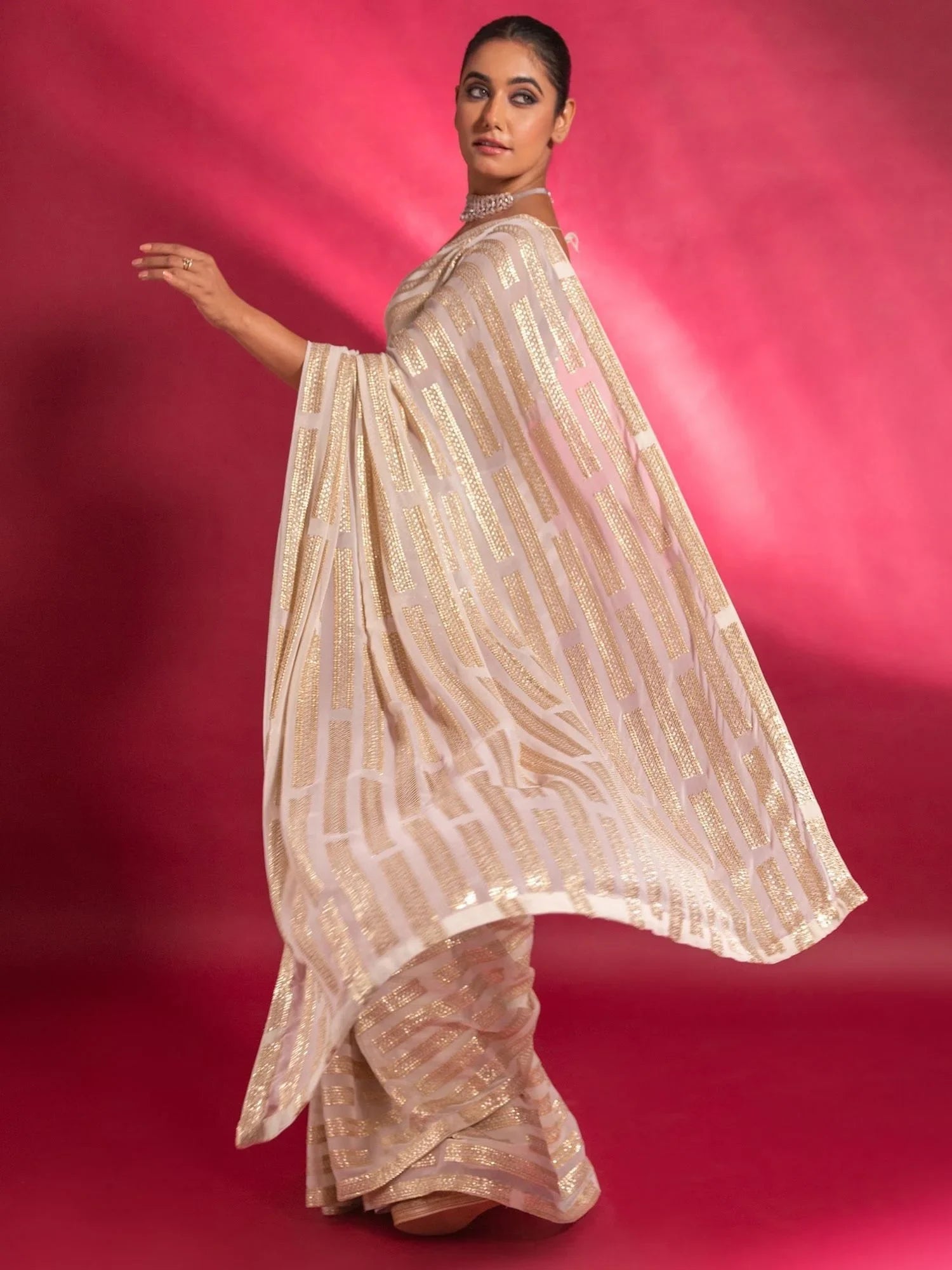 Stunning Ivory Sequins Georgette Designer Saree With Blouse