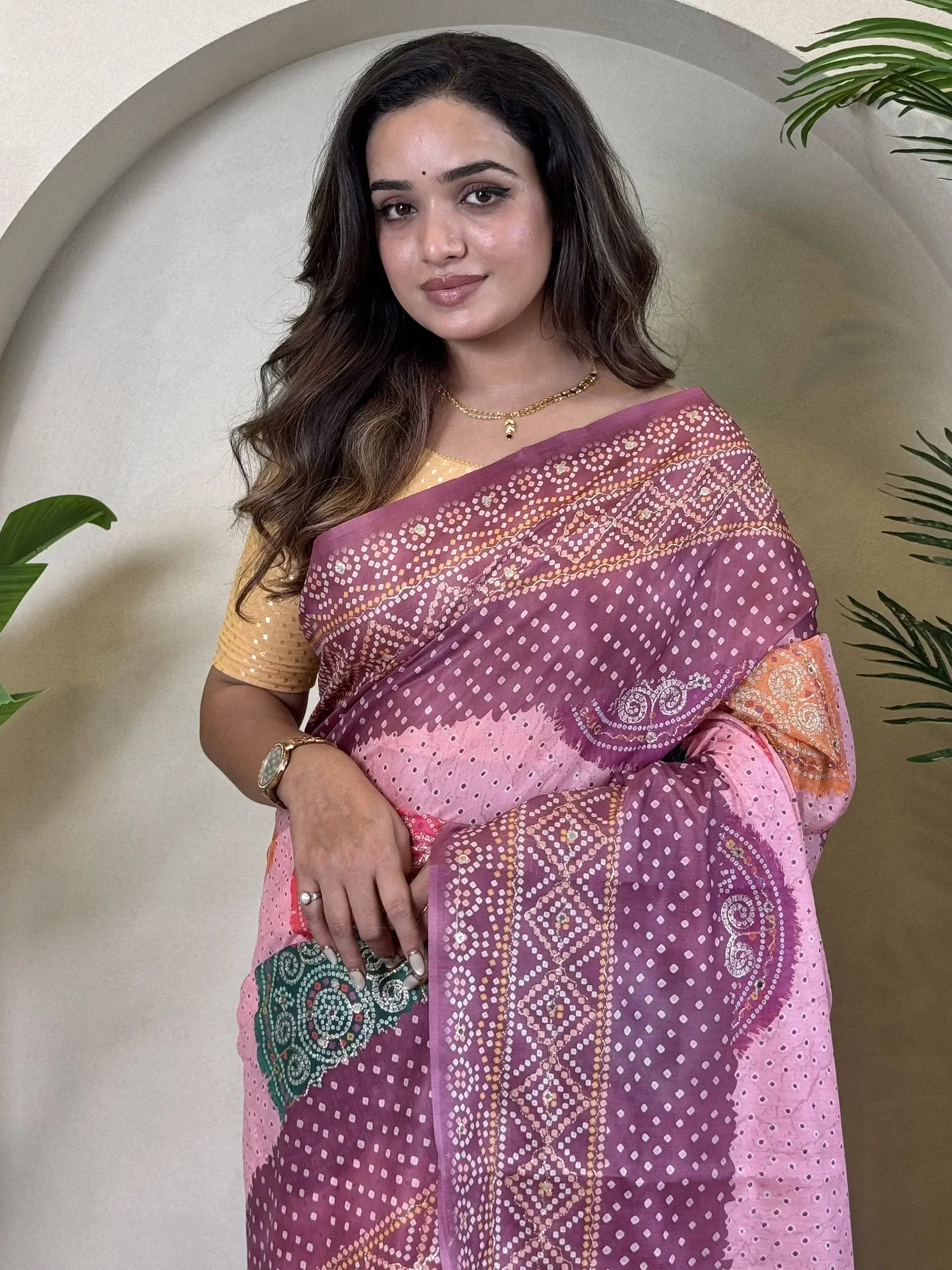 Stunning Lavender Bandhani Printed Silk Festival Wear Saree With Blouse