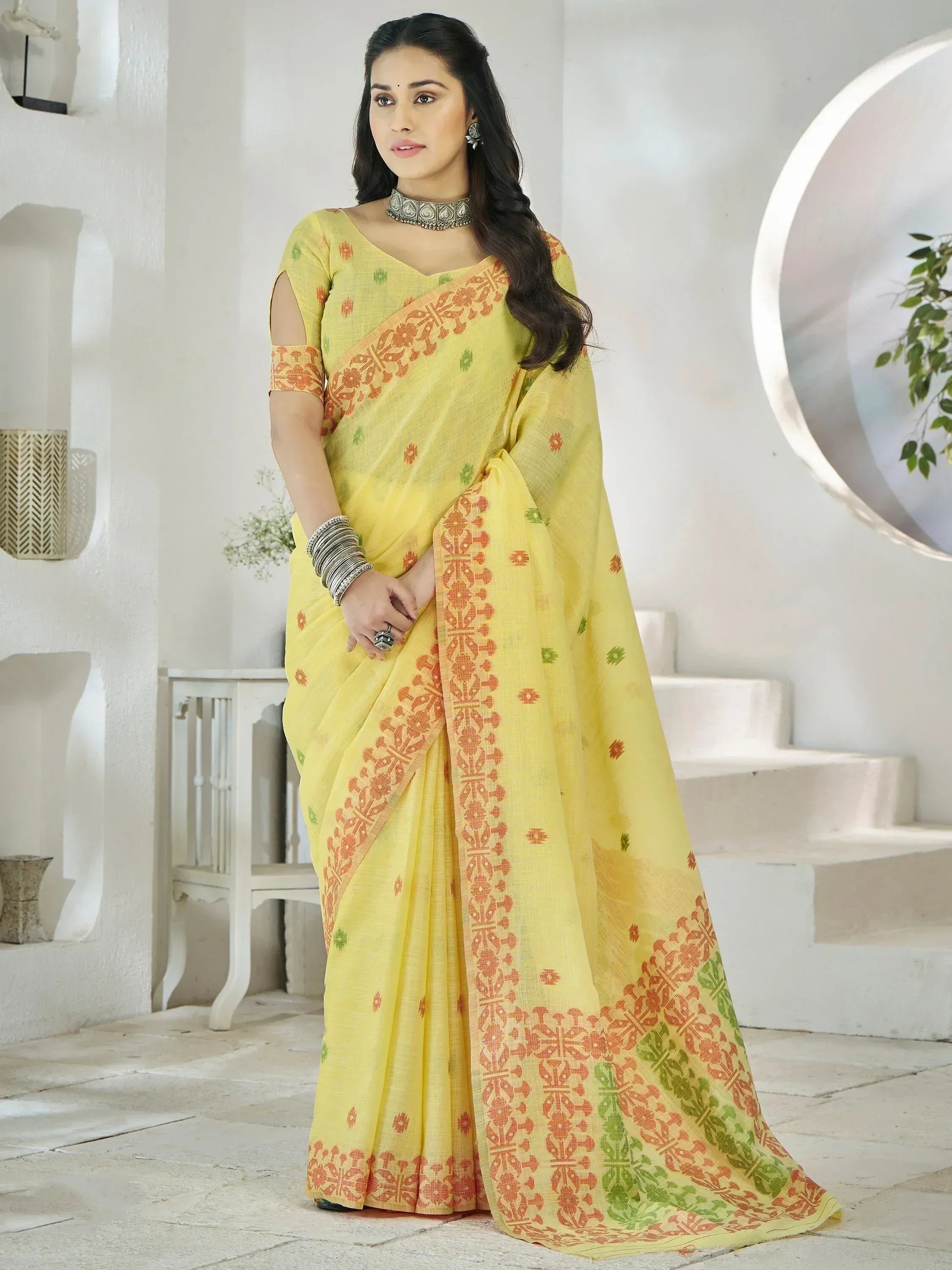 Yellow printed saree with orange green border, ethnic wear for women, designer Indian saree
