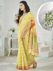 Stunning Yellow Digital Printed Linen Festival Wear Saree With Blouse