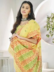Stunning Yellow Digital Printed Linen Festival Wear Saree With Blouse