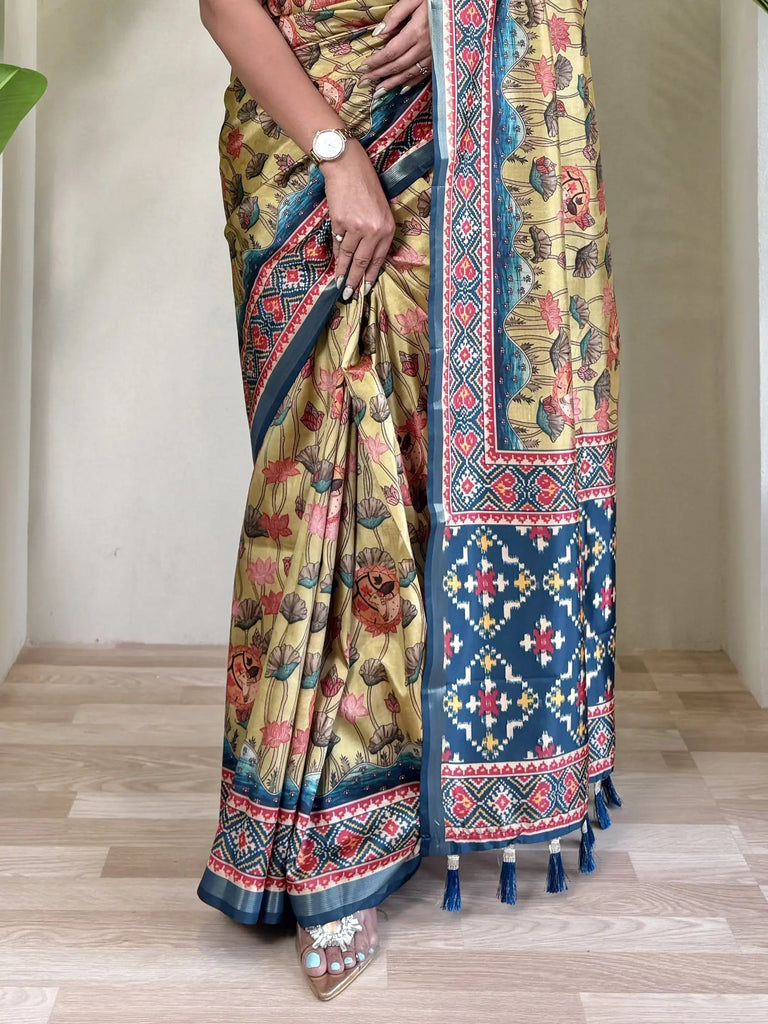 Stunning Yellow Pichwai Printed Viscose Traditional Saree With Blouse