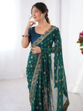 Stylish Aqua Blue Embroidery Lace Georgette Saree With Blouse - Ethnic Plus In