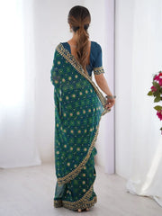 Stylish Aqua Blue Embroidery Lace Georgette Saree With Blouse - Ethnic Plus In