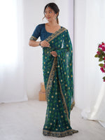 Stylish Aqua Blue Embroidery Lace Georgette Saree With Blouse