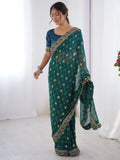 Stylish Aqua Blue Embroidery Lace Georgette Saree With Blouse - Ethnic Plus In