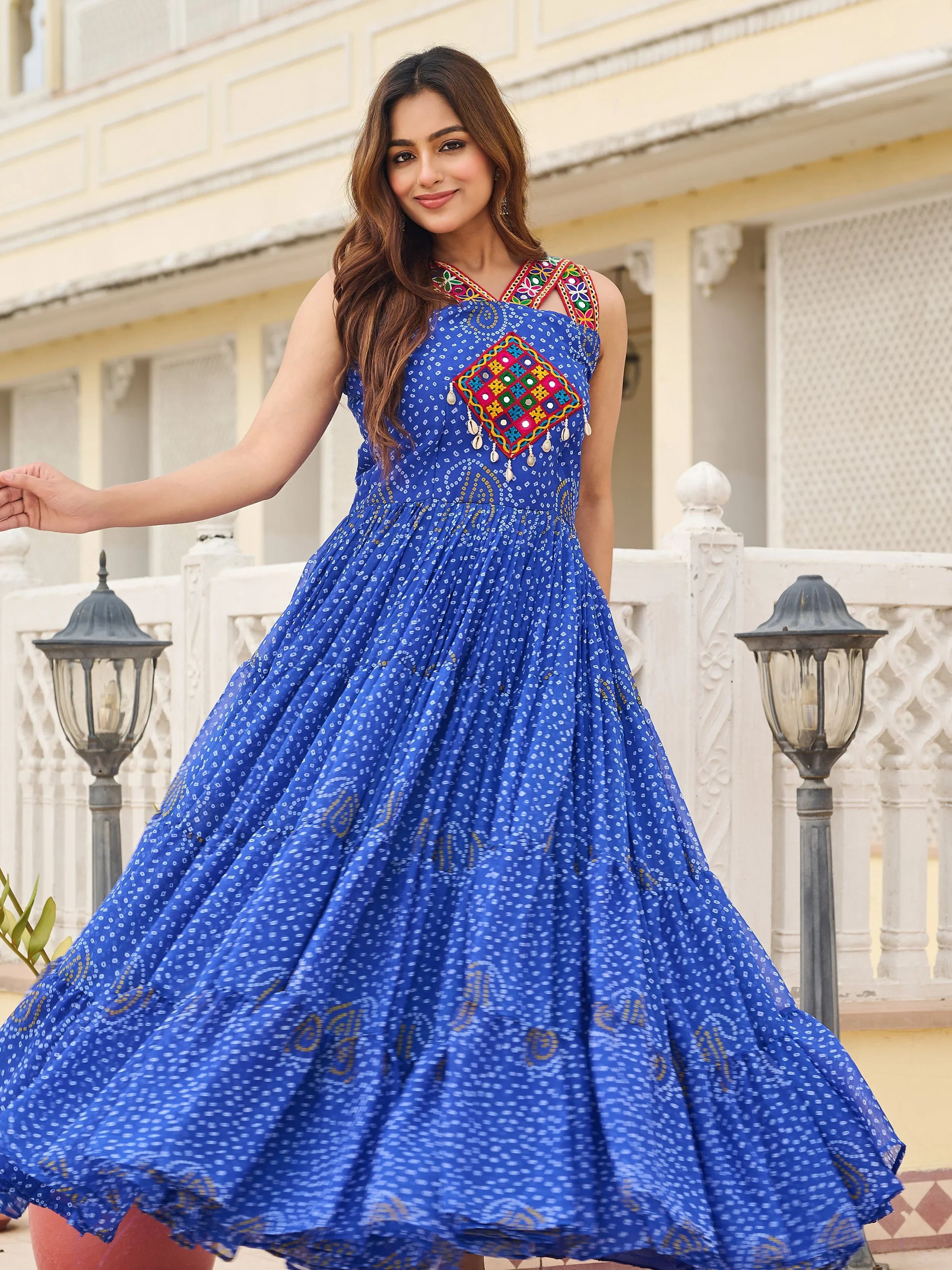 Stylish Blue Bandhani Print Navratri Wear Gown - Ethnic Plus In