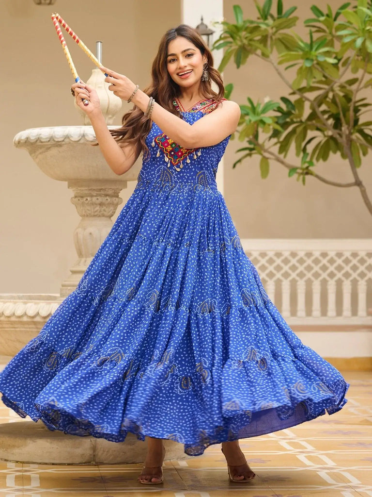 Stylish Blue Bandhani Print Navratri Wear Gown - Ethnic Plus In