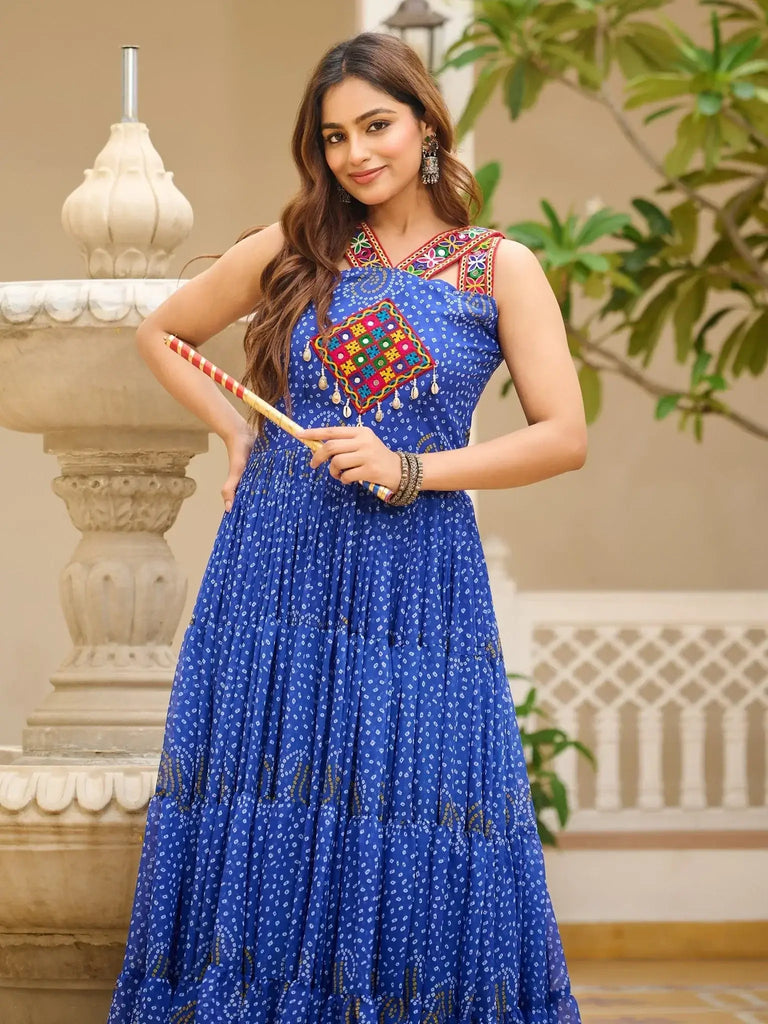 Stylish Blue Bandhani Print Navratri Wear Gown - Ethnic Plus In