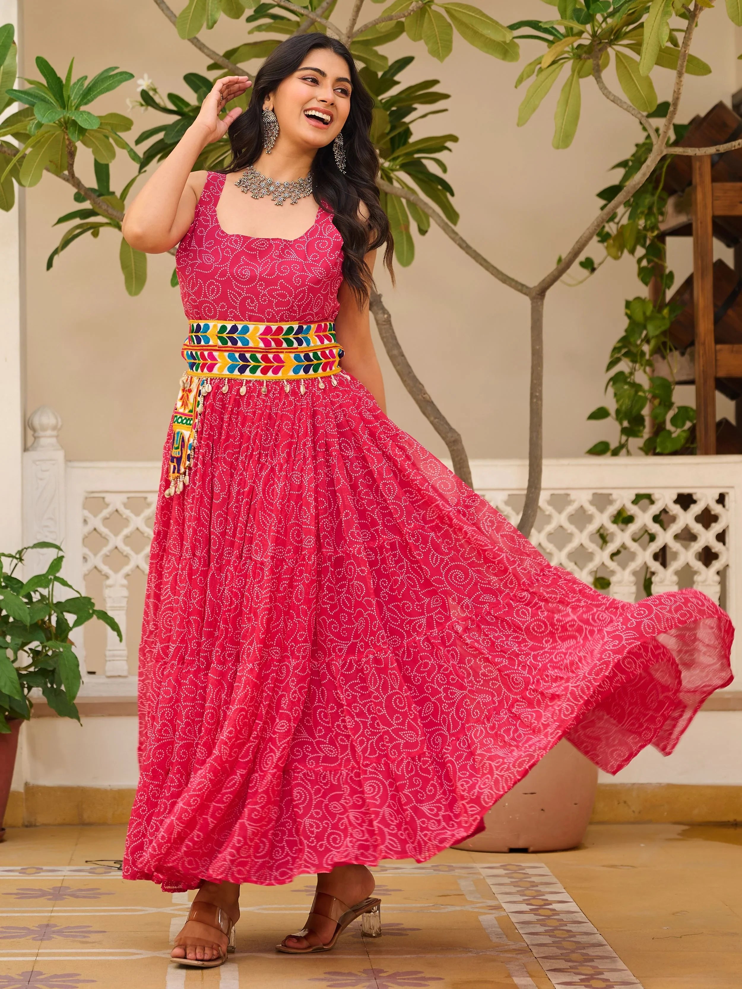 Stylish Pink Georgette Bandhani Print Festival Wear Gown - Ethnic Plus In