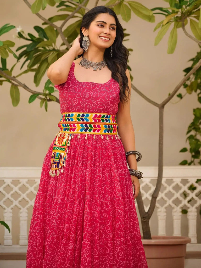 Stylish Pink Georgette Bandhani Print Festival Wear Gown - Ethnic Plus In