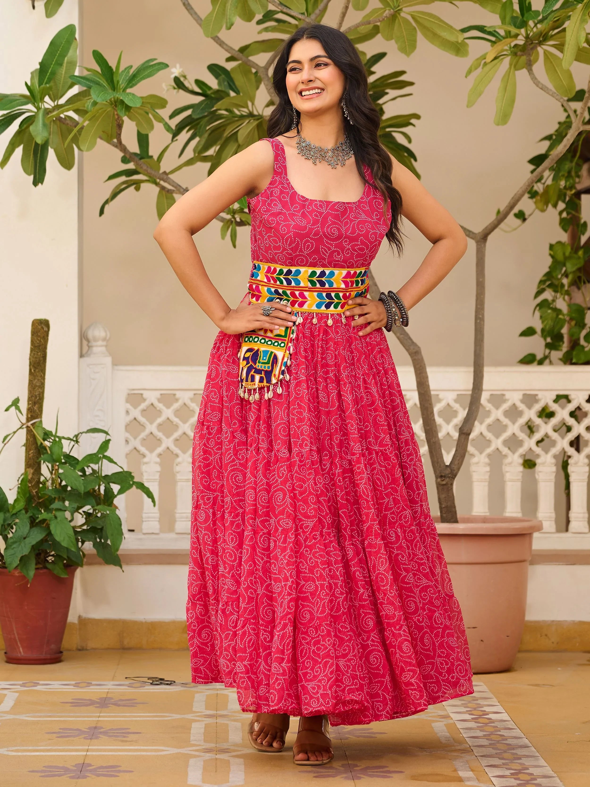 Stylish Pink Georgette Bandhani Print Festival Wear Gown - Ethnic Plus In