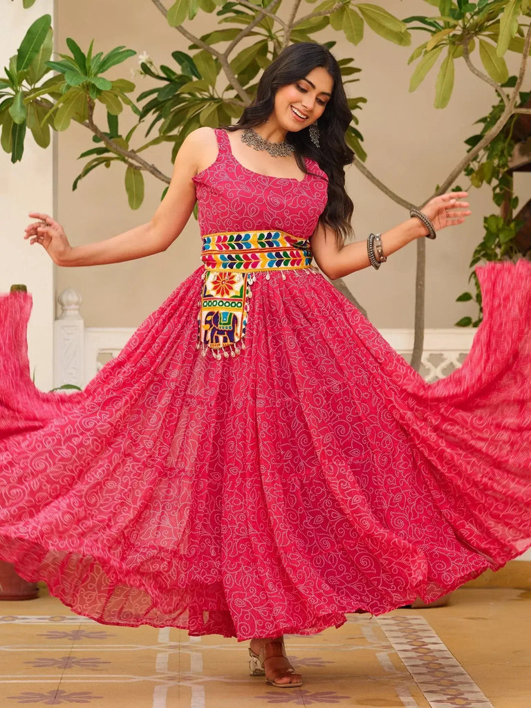 Stylish Pink Georgette Bandhani Print Festival Wear Gown - Ethnic Plus In