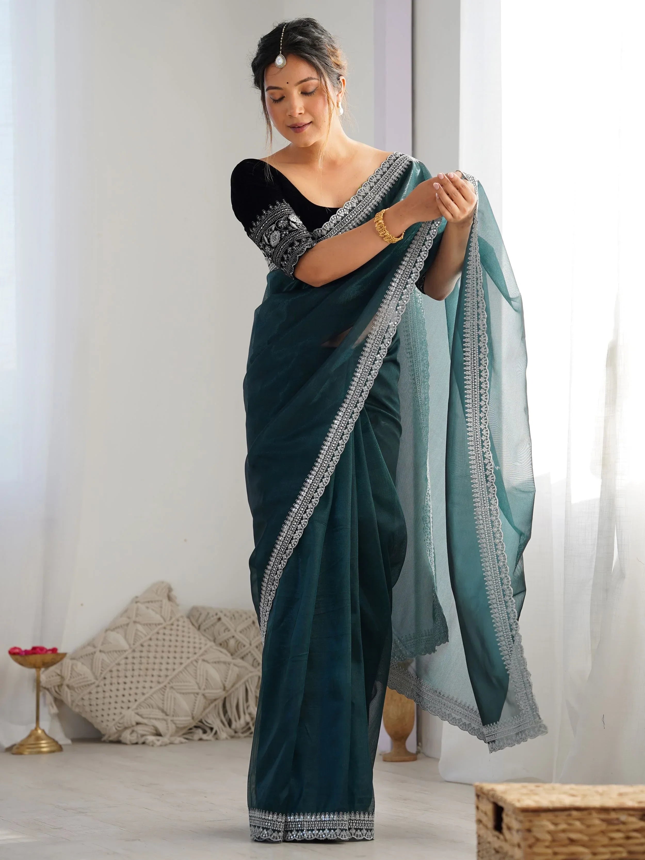 Stylish Rama Green Sequins Mehendi Wear Saree With Blouse - Ethnic Plus In