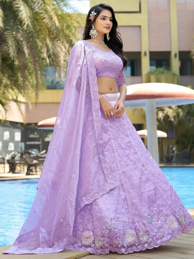 Sumptuous Purple Sequins Silk Wedding Wear Lehenga Choli With Dupatta - Ethnic Plus In