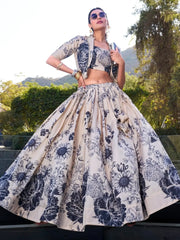 Superior Cream Floral Printed Tussar Silk Event Wear Crop Top Lehenga With Jacket - Ethnic Plus In