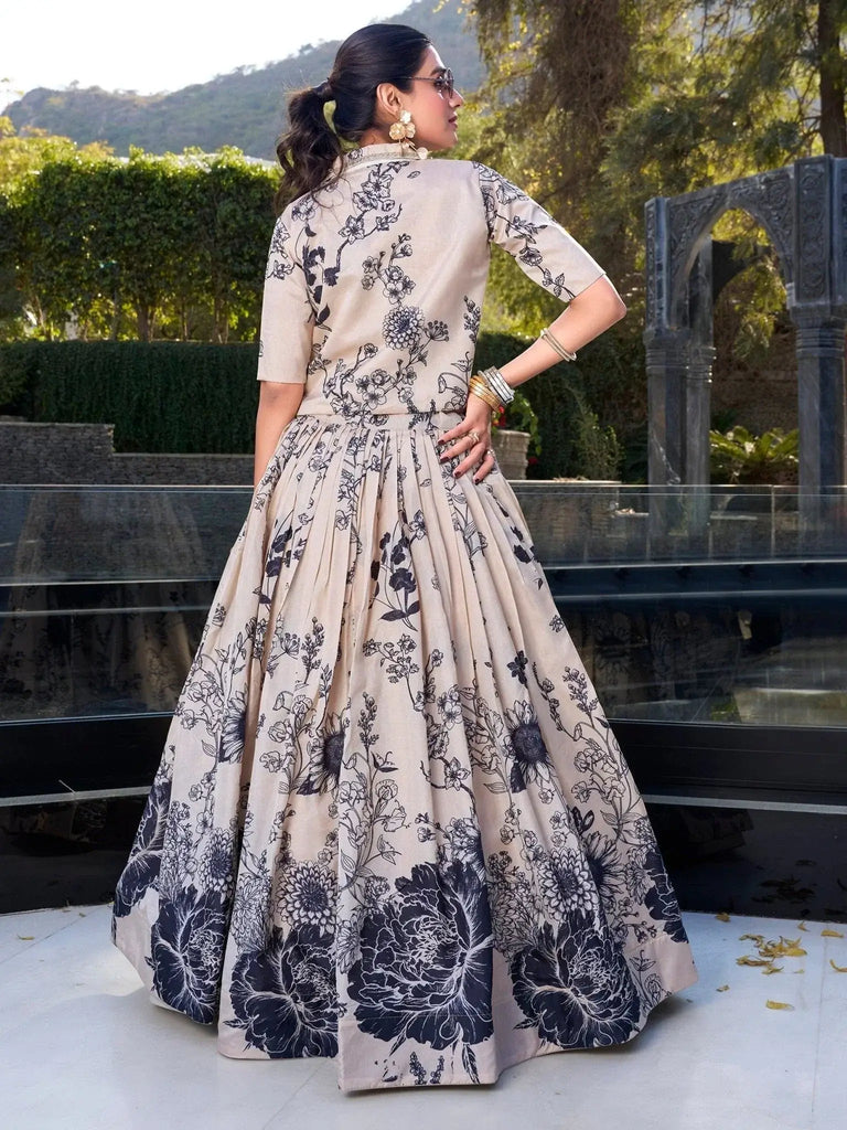 Superior Cream Floral Printed Tussar Silk Event Wear Crop Top Lehenga With Jacket - Ethnic Plus In