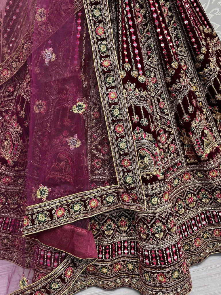 Surprising Dark Maroon Velvet Bridal Lehenga Choli With Double Dupatta - Ethnic Plus In