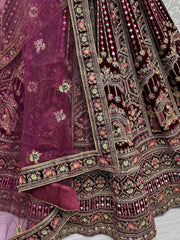 Surprising Dark Maroon Velvet Bridal Lehenga Choli With Double Dupatta - Ethnic Plus In