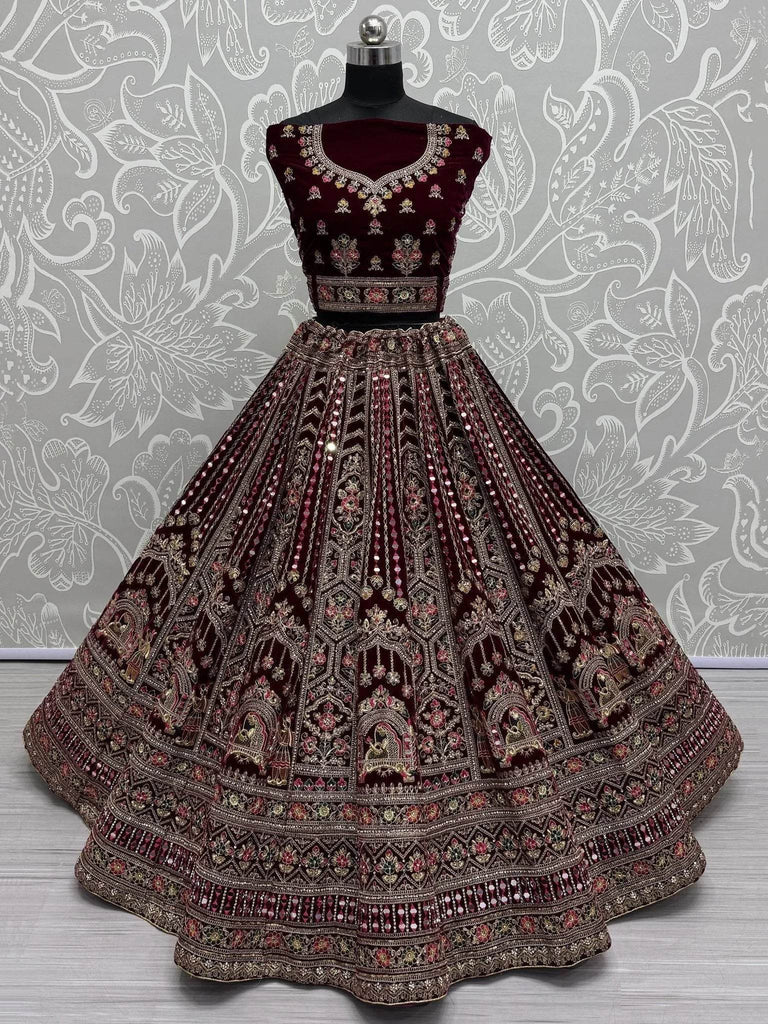 Surprising Dark Maroon Velvet Bridal Lehenga Choli With Double Dupatta - Ethnic Plus In