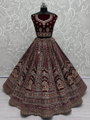 Surprising Dark Maroon Velvet Bridal Lehenga Choli With Double Dupatta - Ethnic Plus In