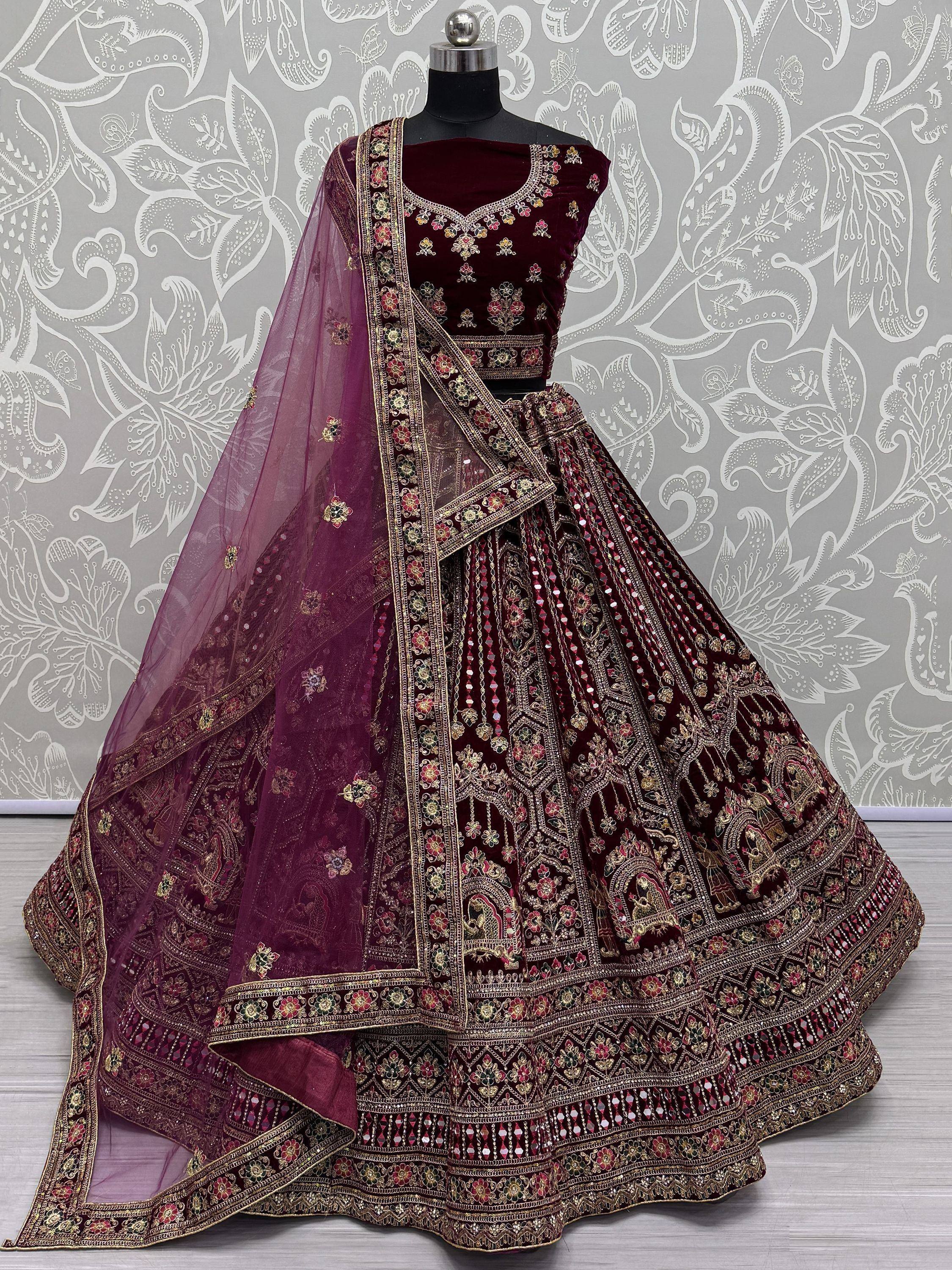 Maroon velvet designer lehenga choli with heavy embroidery and dupatta, Indian ethnic wear