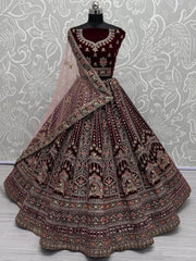 Surprising Dark Maroon Velvet Bridal Lehenga Choli With Double Dupatta - Ethnic Plus In