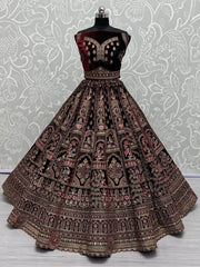 Surprising Maroon Embroidered Velvet Bridal Lehenga Choli With Dupatta - Ethnic Plus In