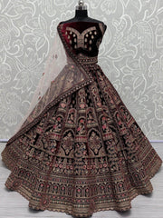 Surprising Maroon Embroidered Velvet Bridal Lehenga Choli With Dupatta - Ethnic Plus In